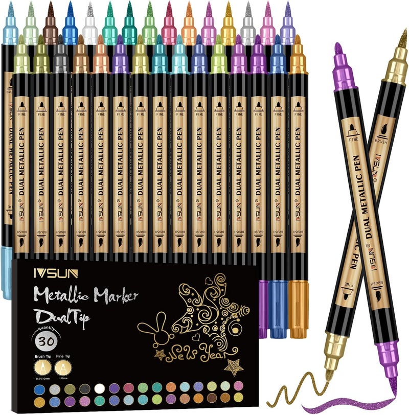 IVSUN Metallic Marker Pens, 30 Colors Dual Tip Acrylic Paint Pens for Black Paper, Scrapbooking, Photo Album, Rock Painting, Paint Marker for DIY Arts & Crafts, Glass, Wood, Card Making, Scrapbook Supplies - Image 1